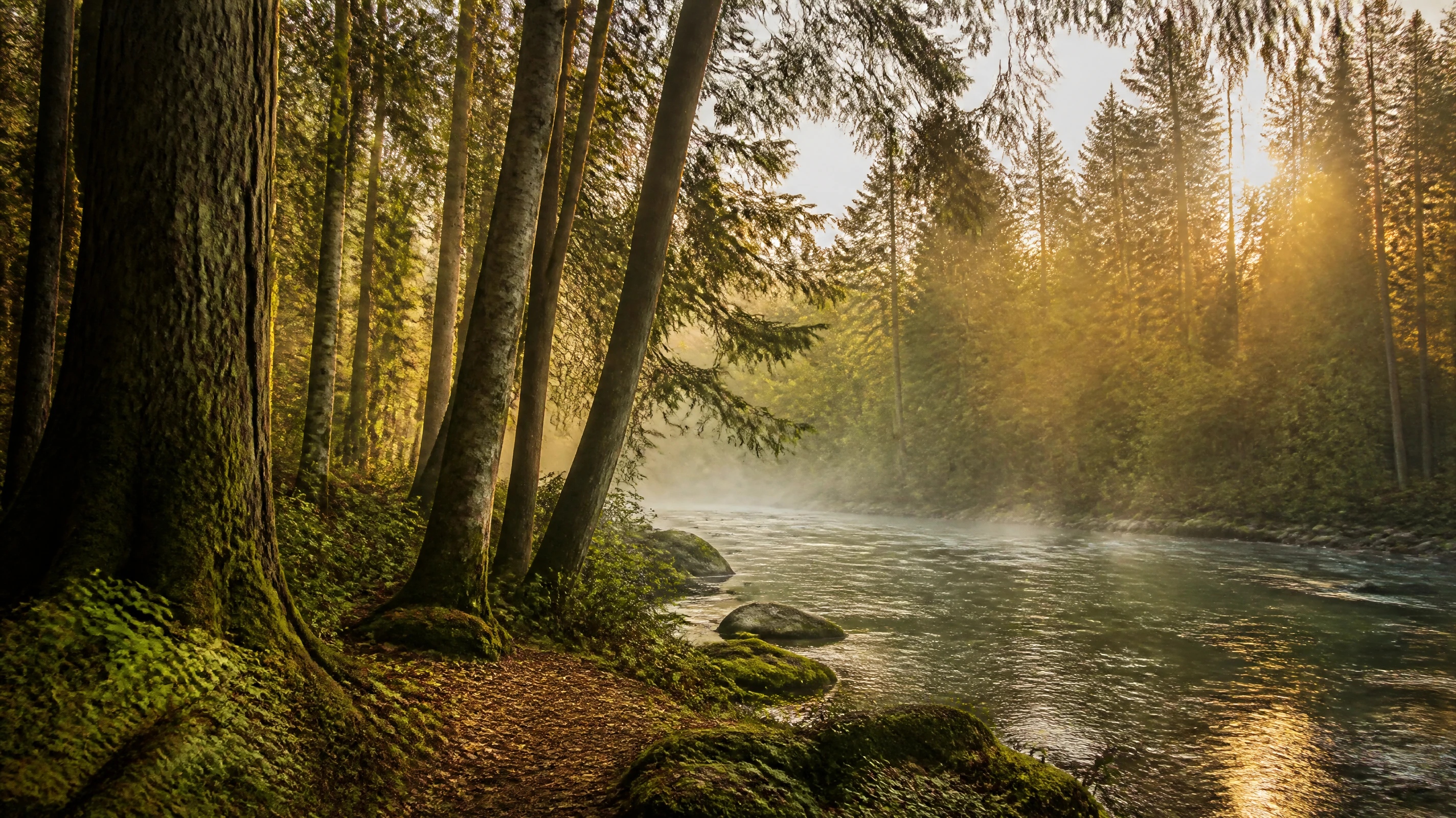 A peaceful forest with gentle light filtering through cedar trees and a quiet river beyond
