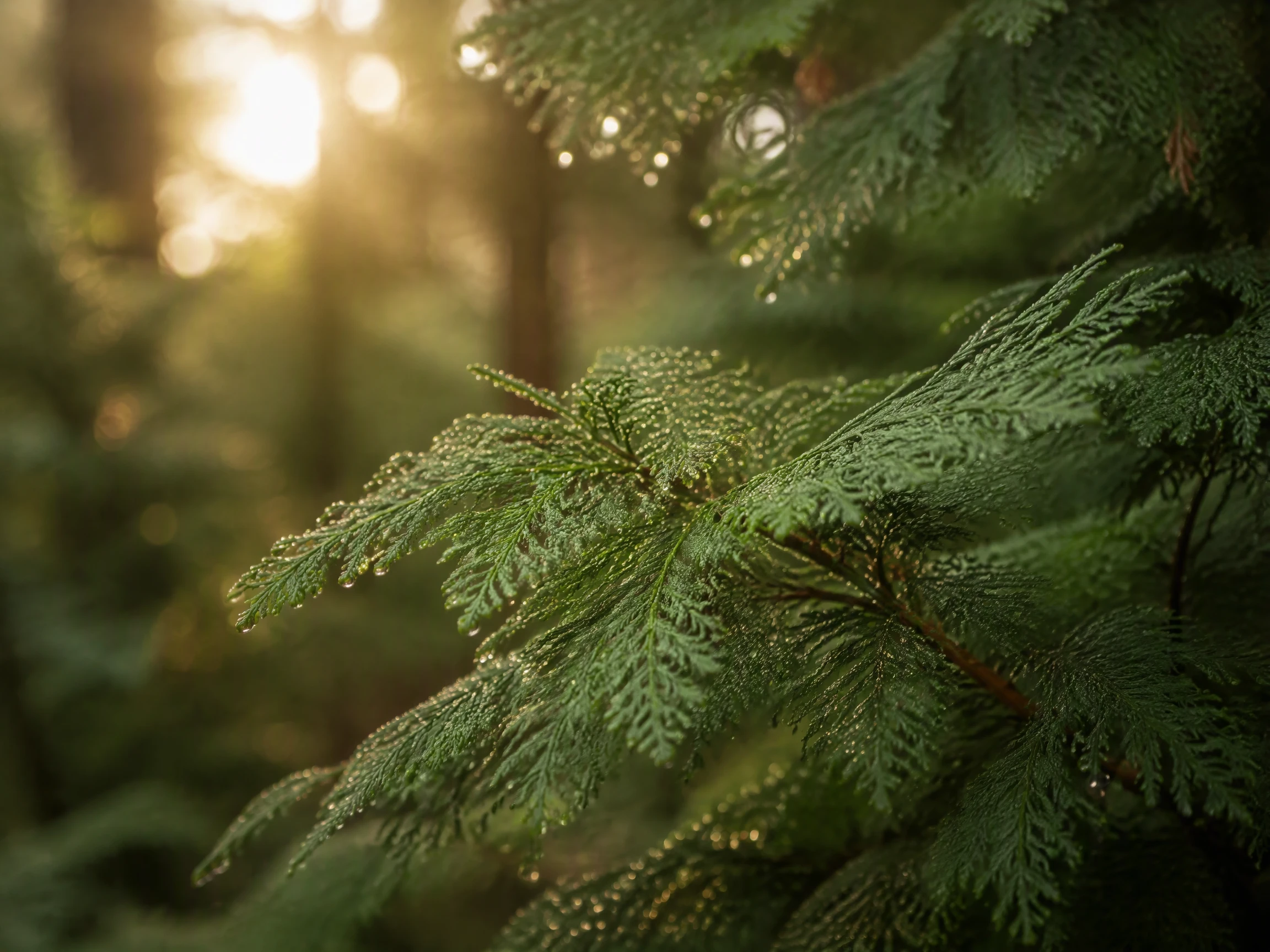 Soft cedar boughs with gentle morning light, evoking stillness and safety